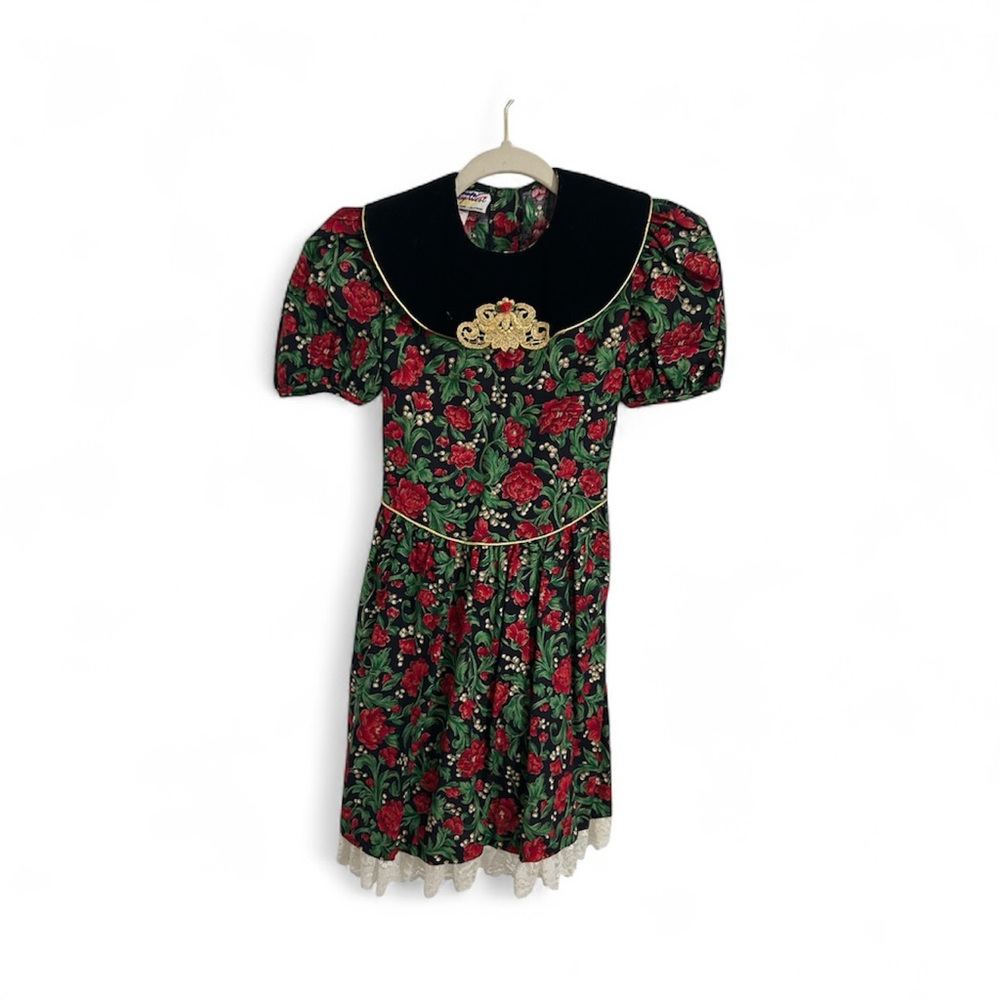 Floral Dress with Black Collar and Gold Detail